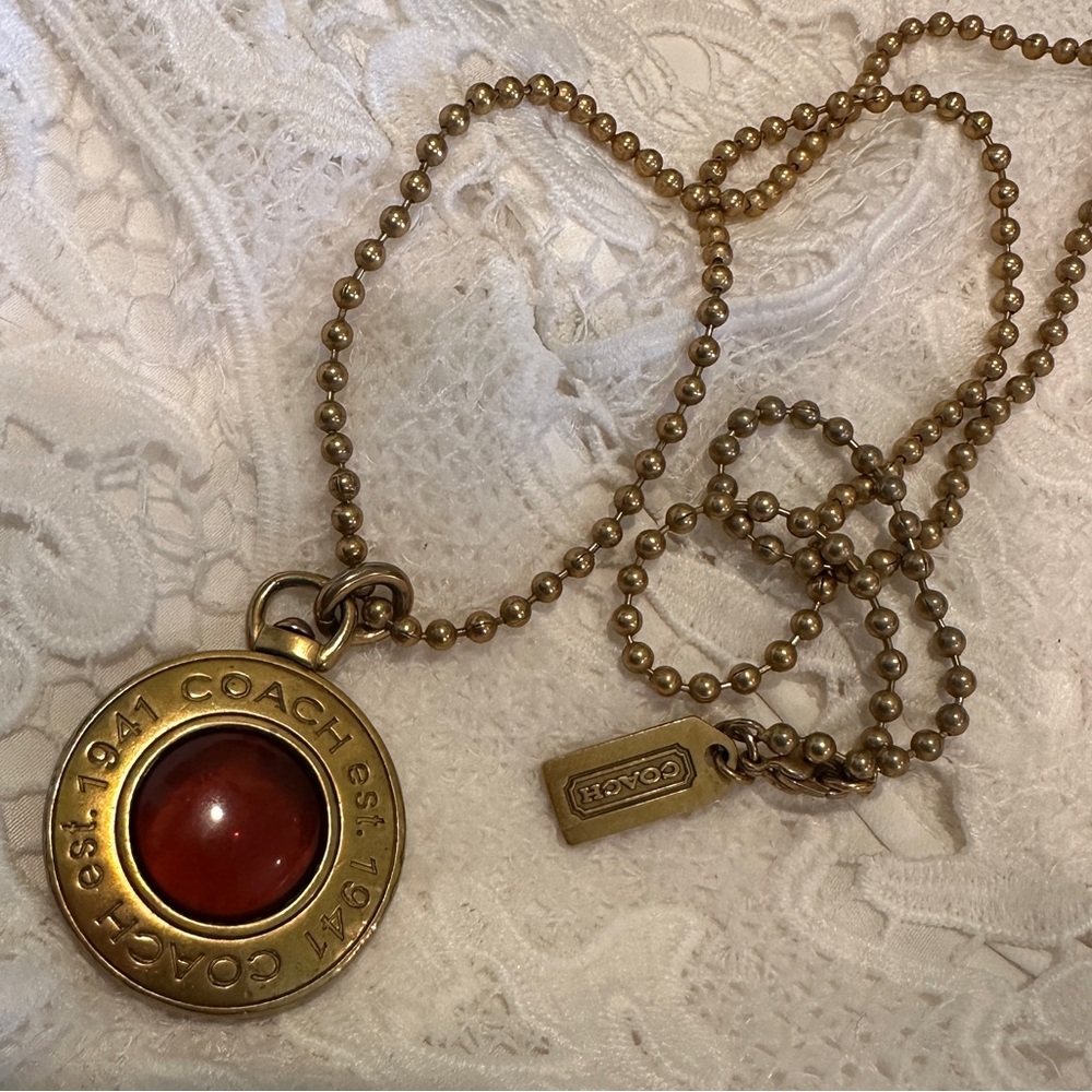Coach Logo Pendant In Gold Tone with Amber Glass Center on Gold Tone Chain - Picture 16 of 16